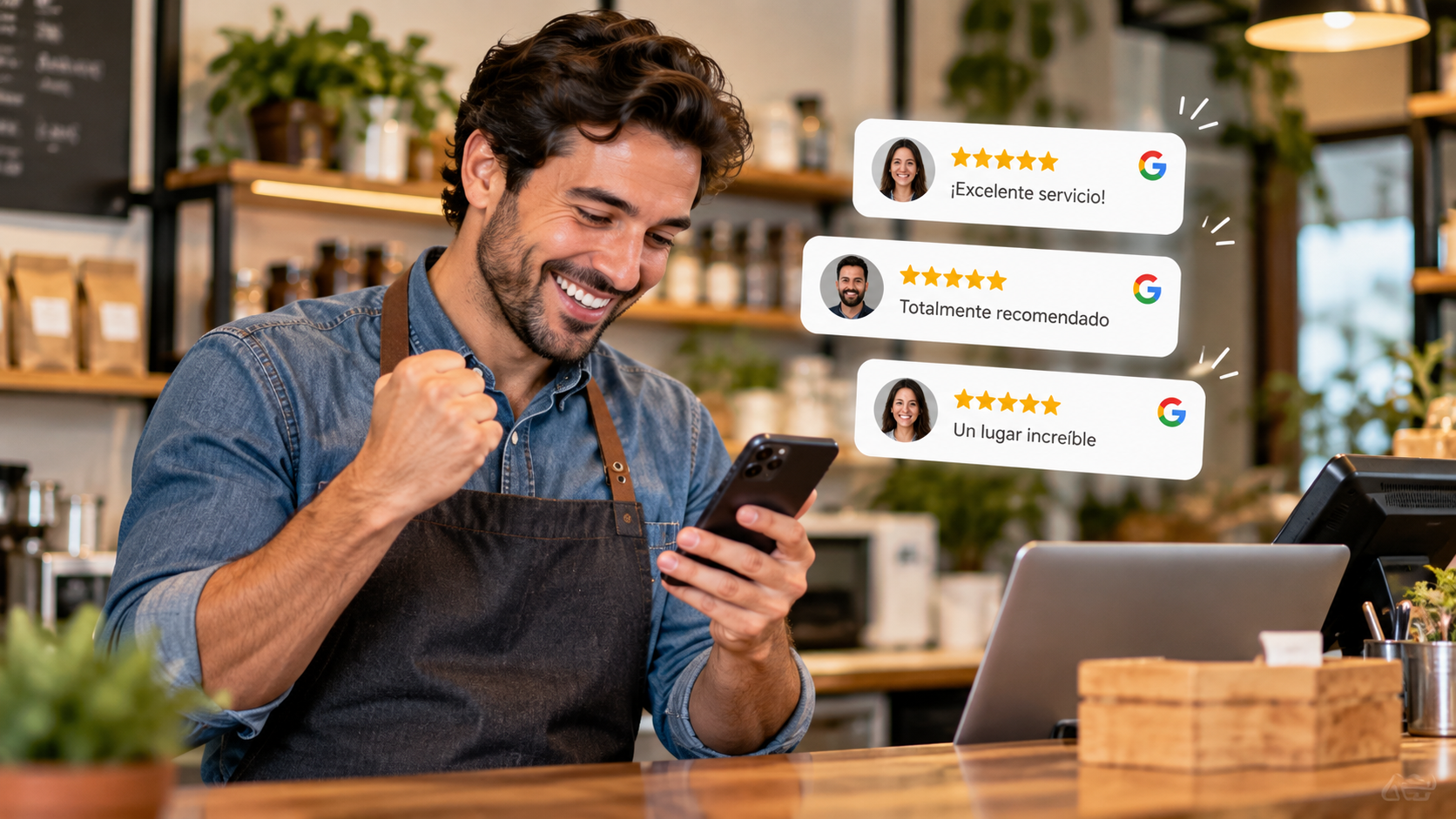 Dueño de una cafetería celebrando en su móvil las reseñas de cinco estrellas que recibe en Google