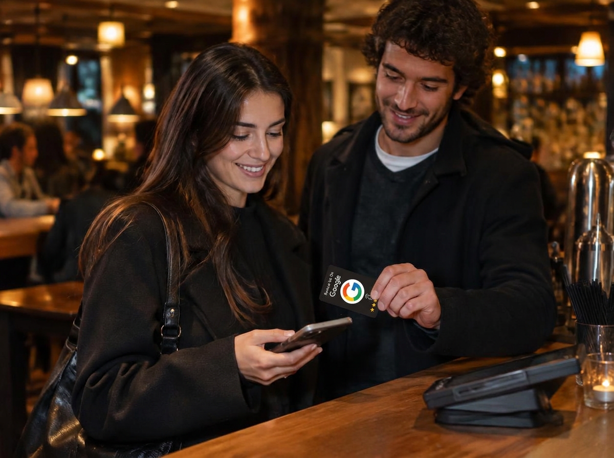 Cliente de un restaurante dejando una reseña en Google acercando el móvil a la tarjeta NFC de TapMeUp